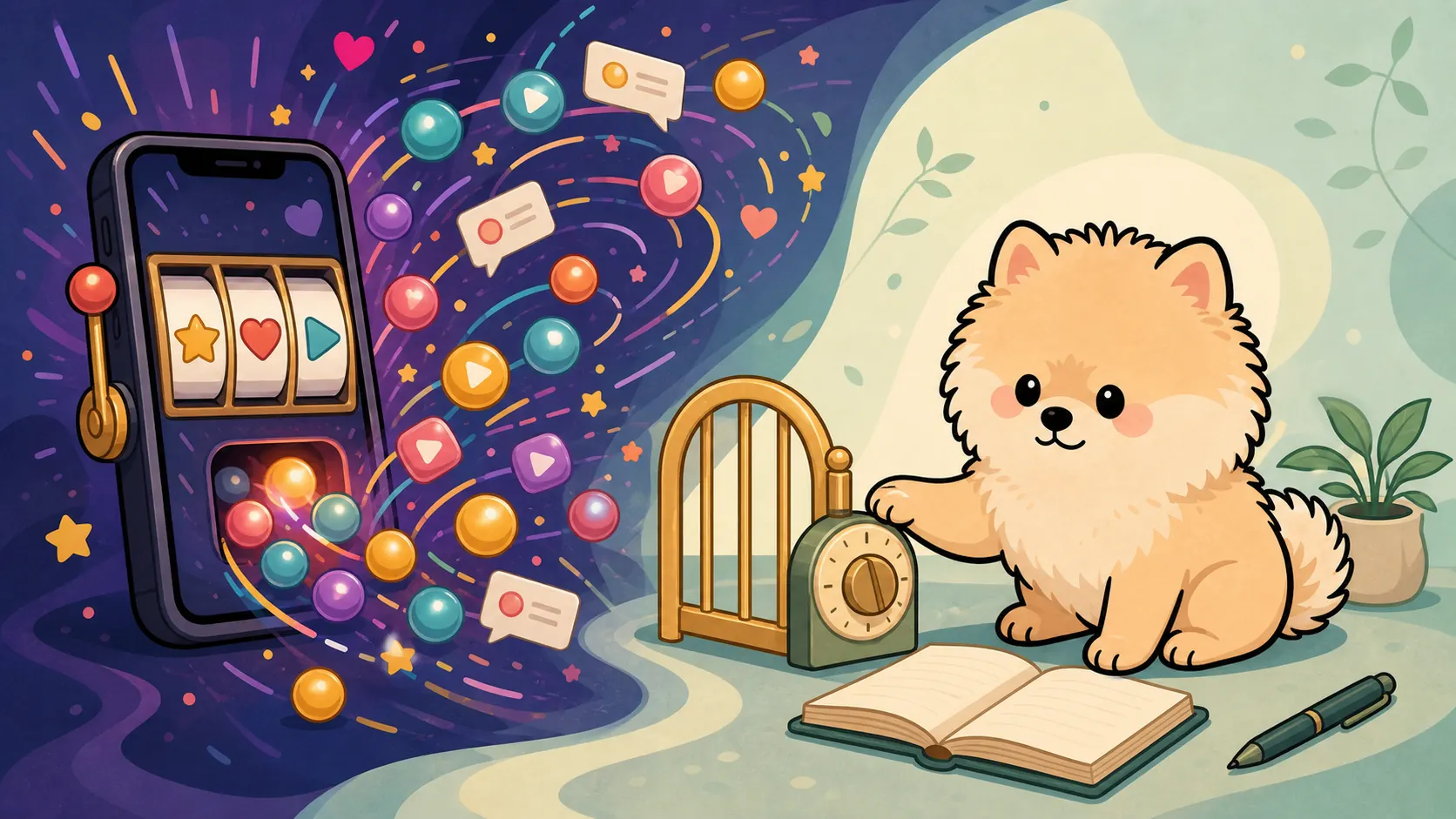 PuppyFocus puppy using a calm boundary to interrupt a slot-machine-like social media reward loop