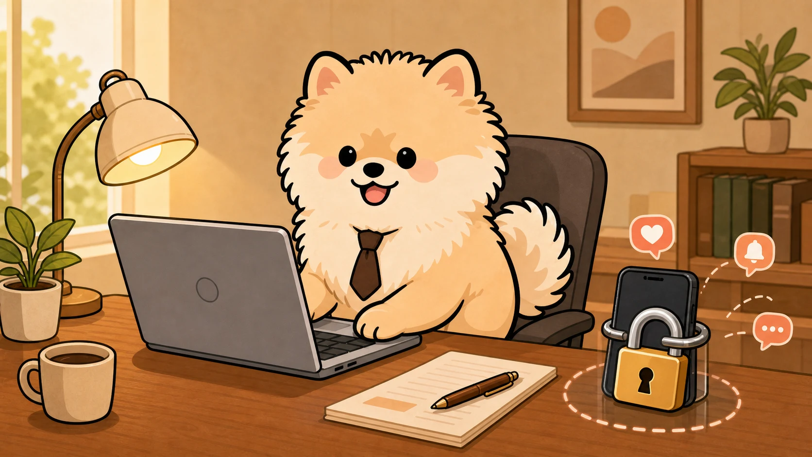 PuppyFocus puppy working at a laptop while a padlock blocks distracting phone notifications