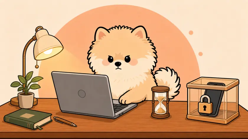 PuppyFocus puppy working deeply while a phone stays locked away