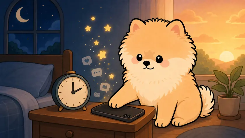 PuppyFocus puppy turning a phone face down as night becomes a hopeful sunrise
