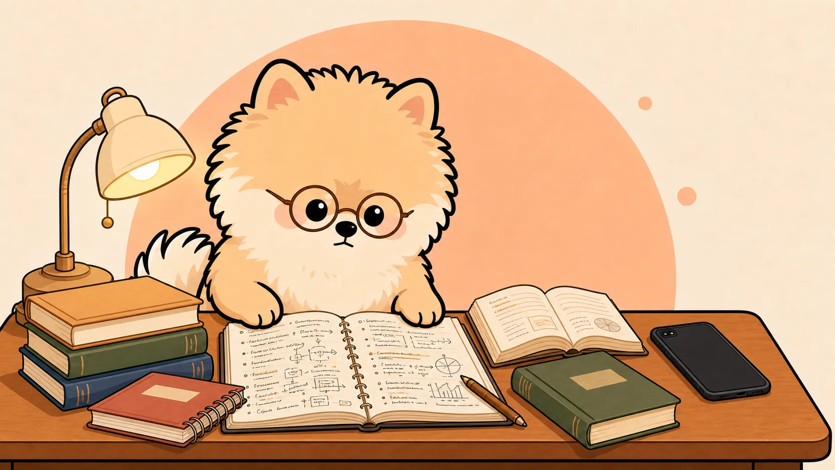 PuppyFocus puppy studying from detailed notes while a phone lies ignored on the desk