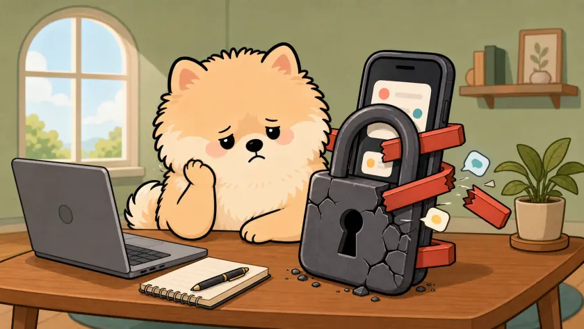A tired PuppyFocus puppy watching a strict phone lock crack and fail