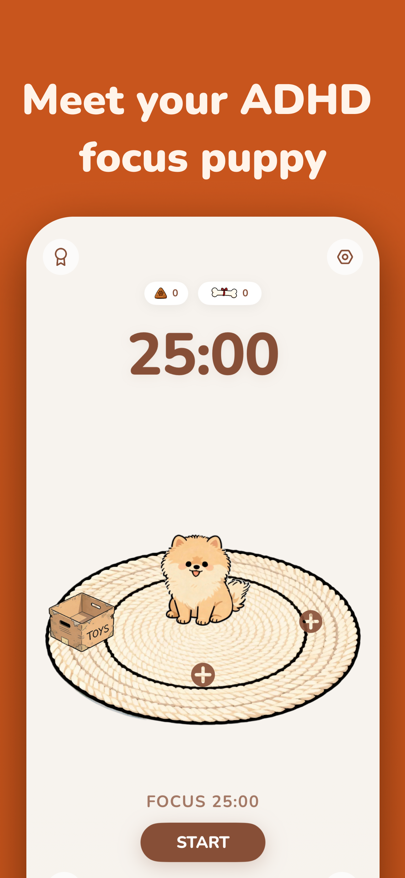 The main home screen interface of PuppyFocus, showing the virtual puppy, Kibble and Bone currency balances, and the 'Start' focus button.
