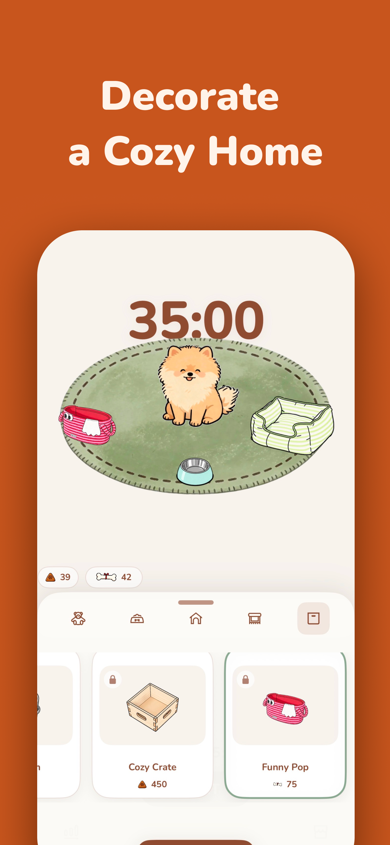 The in-app shop interface of PuppyFocus, where users can exchange earned Kibble and Bone currency for accessories and room decorations for their virtual pet.