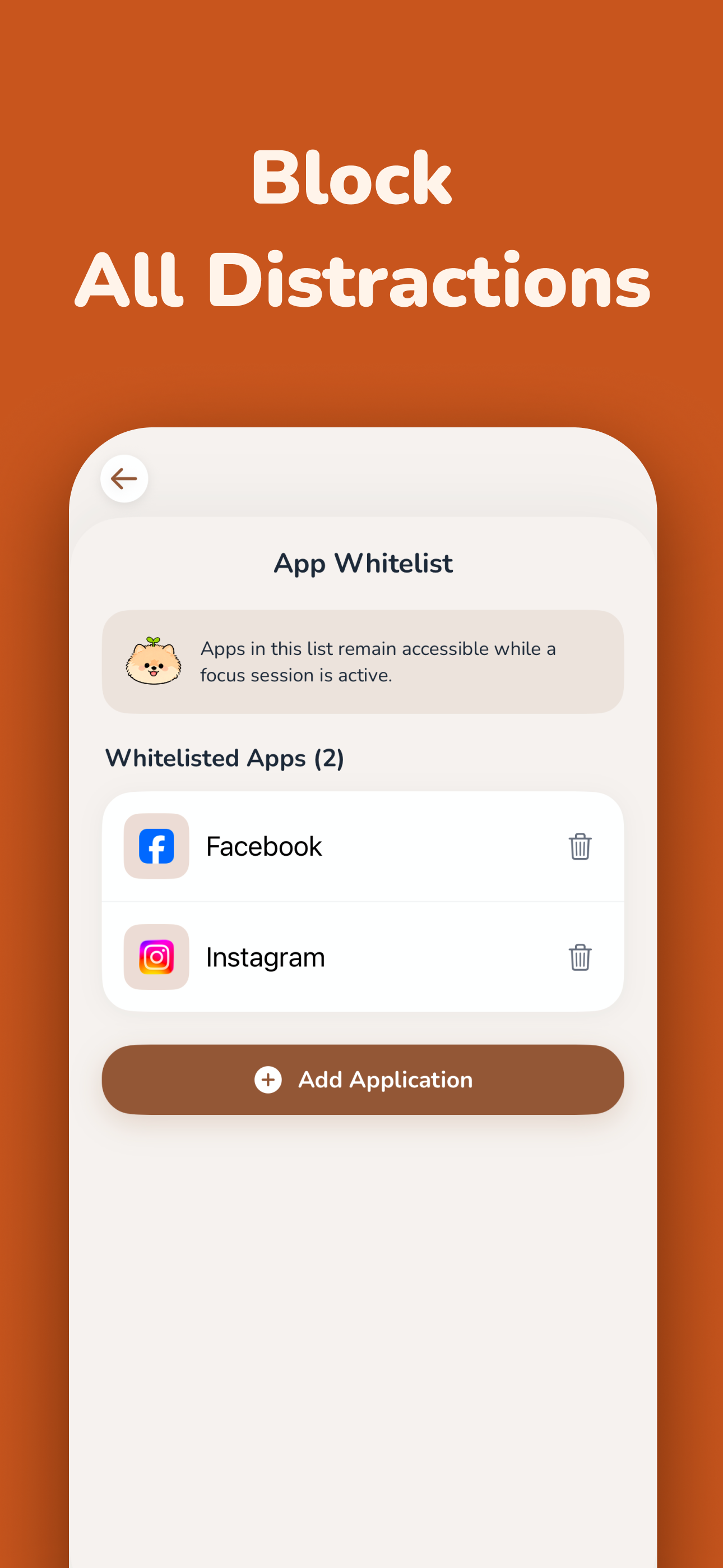 The strict focus mode settings screen in PuppyFocus, detailing how the iOS app whitelist limits access to distracting applications during concentration sessions.